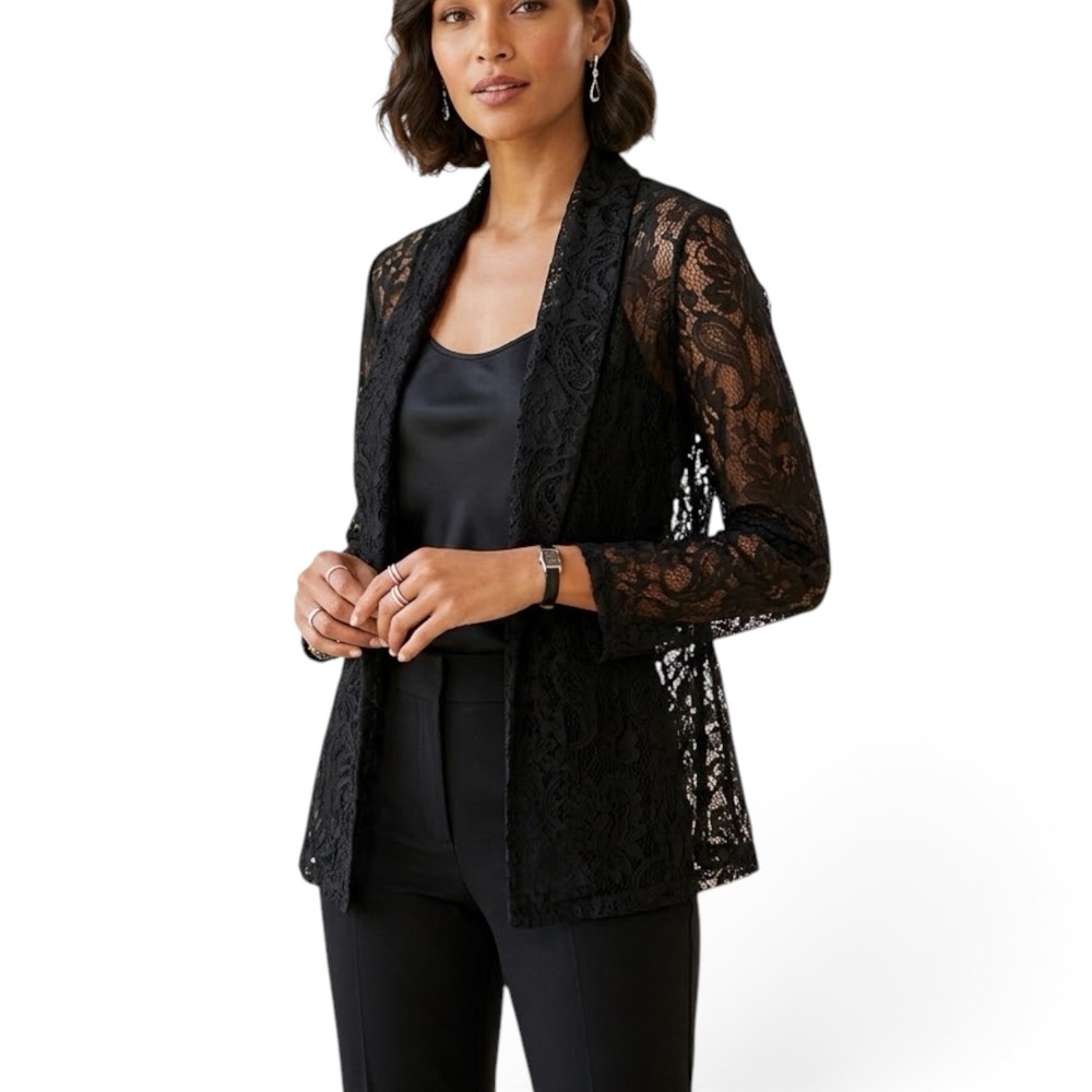 James Lakeland Luxury‎ Black Lace Sheer Blazer Open Front Women's Size M NWT